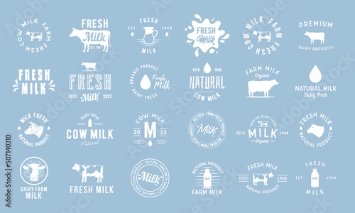 Dairy and milk products labels, emblems and logos. Milk logo set with cow silhouette, bottle, milk drop and splash. Trendy vintage design. Vector illustration