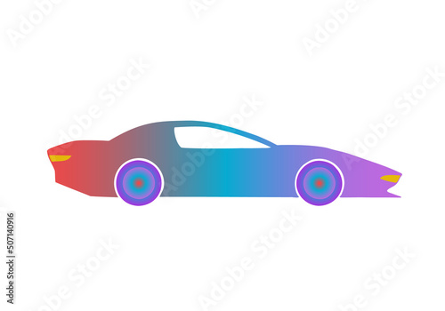 Sports car painted in red-blue-purple with a gradient transition. Hand Drawn. Freehand drawing. Doodle. Sketch.