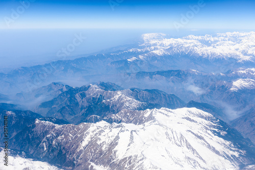 Ariel view of snow laden mountain of Himalayas in Ladakh region, India