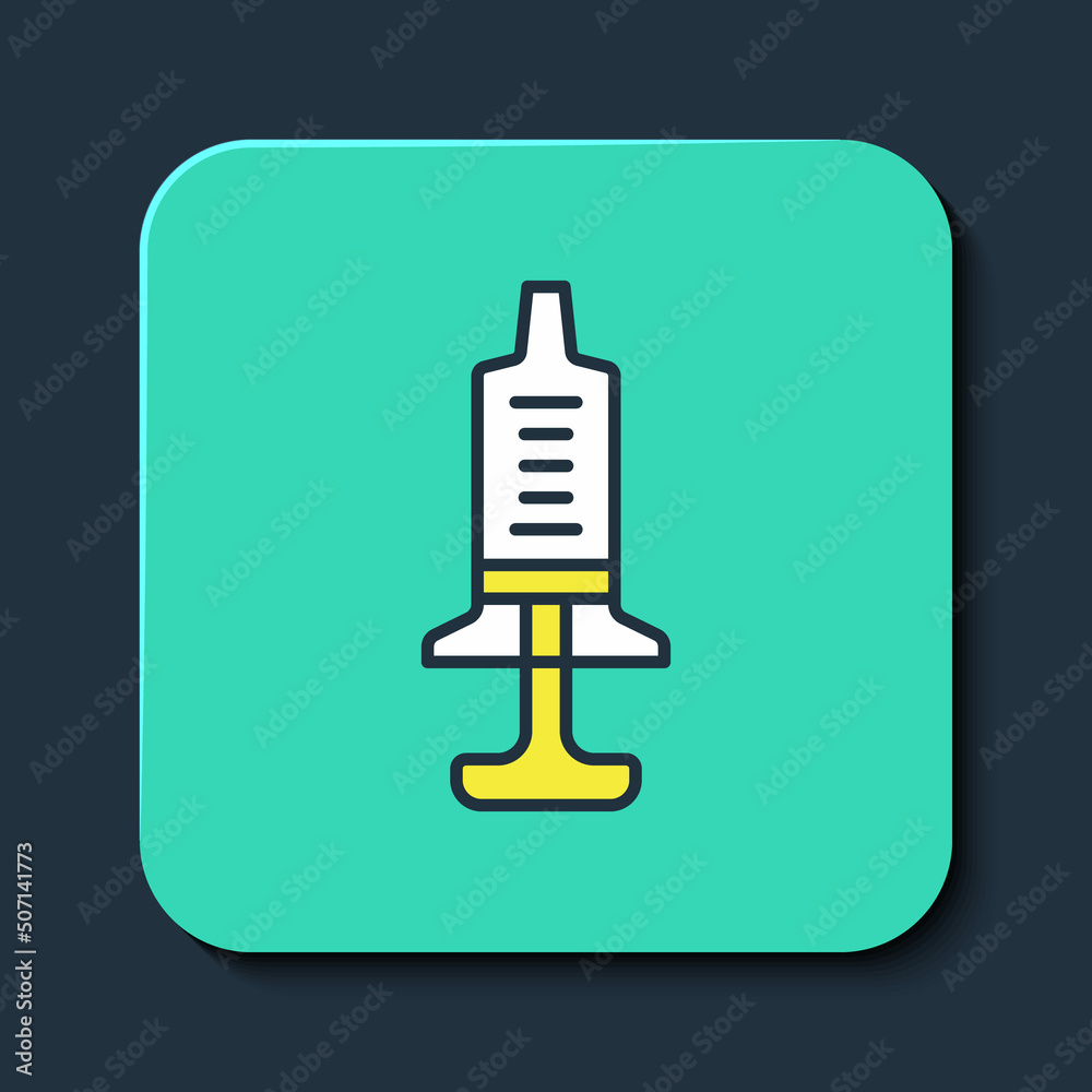 Filled outline Syringe icon isolated on blue background. Syringe for vaccine, vaccination, injection, flu shot. Medical equipment. Turquoise square button. Vector Filled outline Syringe icon isolated on blue background. Syringe for vaccine, vaccination, injection, flu shot. Medical equipment. Turquoise square button. Vector