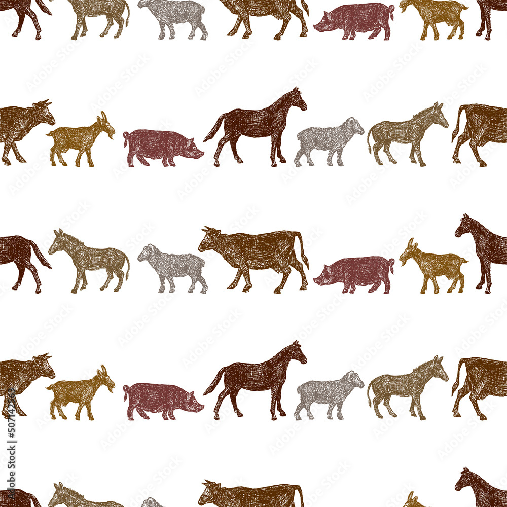 Seamless pattern of various drawn farm animals walking in rows Seamless pattern of various drawn farm animals walking in rows