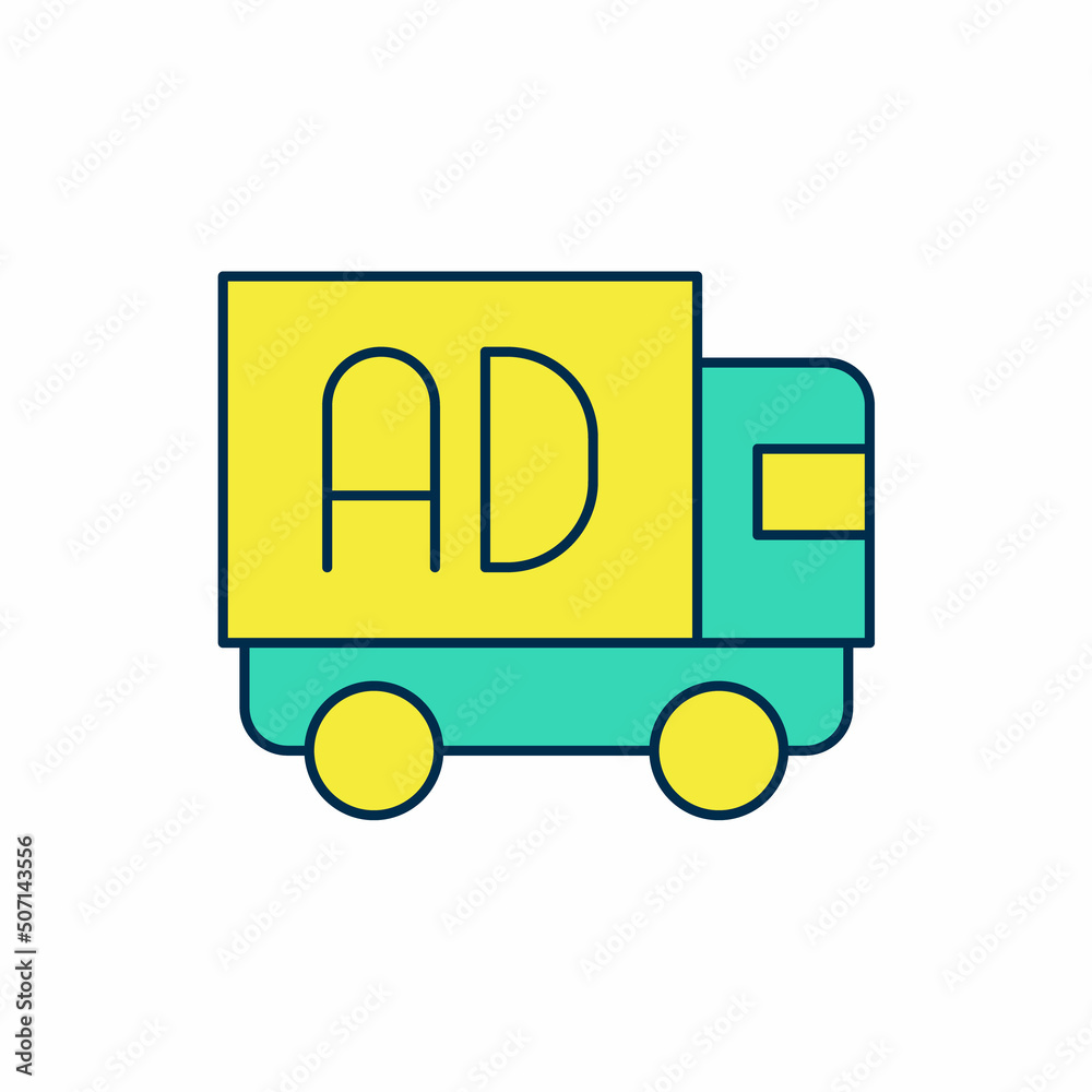 Filled outline Advertising on truck icon isolated on white background. Concept of marketing and promotion process. Responsive ads. Social media advertising. Vector Filled outline Advertising on truck icon isolated on white background. Concept of marketing and promotion process. Responsive ads. Social media advertising. Vector