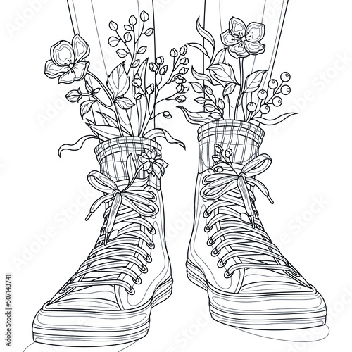Women's legs in sneakers with flowers.Coloring book antistress for children and adults. Illustration isolated on white background.Zen-tangle style. 
