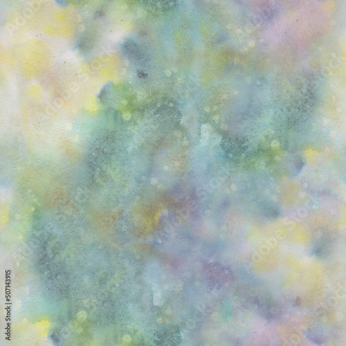 seamless watercolor background in green color. Bright spots of paint on paper.