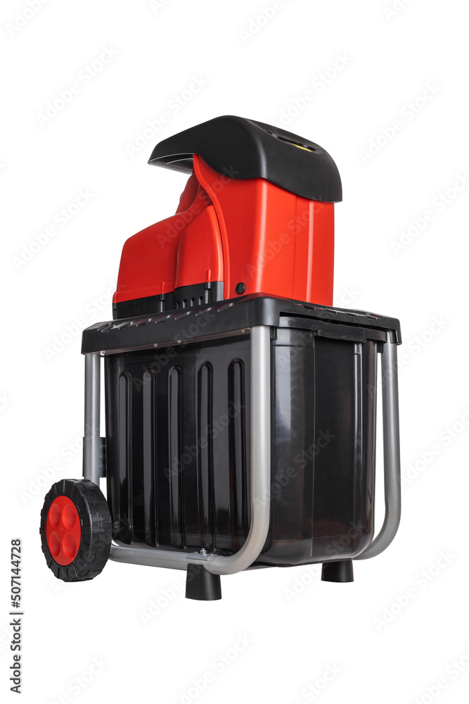 Electric wood shredder used for garden mulching, isolated on white background Electric wood shredder used for garden mulching, isolated on white background