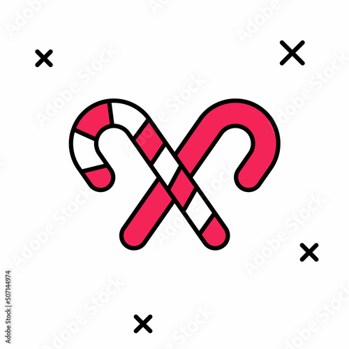 Filled outline Christmas candy cane with stripes icon isolated on white background. Merry Christmas and Happy New Year. Vector