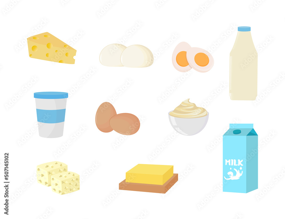 Set of most common dairy food products. Some kinds of cheese, milk packages and yogurts. Isolated vector illustrations