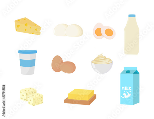 Obraz na płótnie Set of most common dairy food products. Some kinds of cheese, milk packages and yogurts. Isolated vector illustrations w salonie
