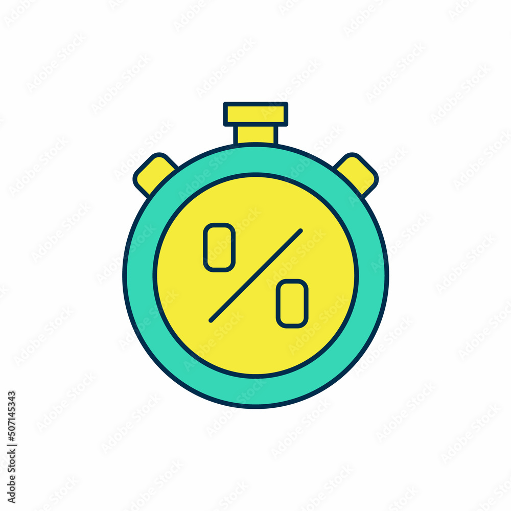 Filled outline Stopwatch with percent discount icon isolated on white background. Time timer sign. Vector Filled outline Stopwatch with percent discount icon isolated on white background. Time timer sign. Vector