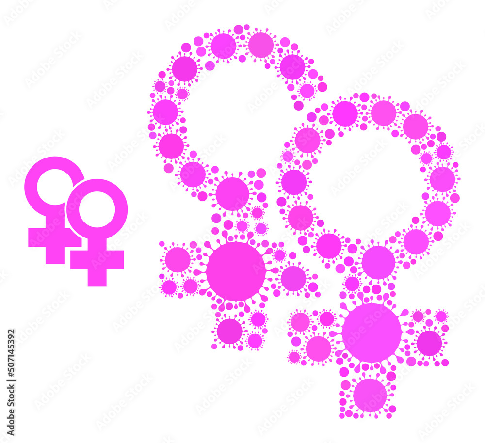 Female signs mosaic icon. Vector mosaic is formed from scattered virulent elements. Viral mosaic female signs icon. Female signs mosaic for isolation templates. Female signs mosaic icon. Vector mosaic is formed from scattered virulent elements. Viral mosaic female signs icon. Female signs mosaic for isolation templates.