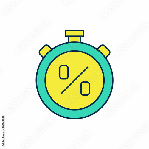 Filled outline Stopwatch with percent discount icon isolated on white background. Time timer sign. Vector