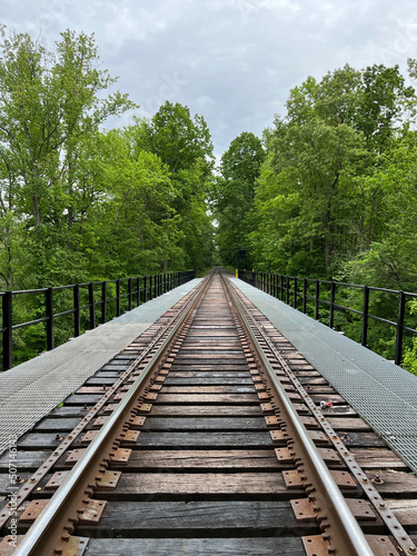 Fototapete Railroad trestle tracks into vanishing point with green trees in New Jersey