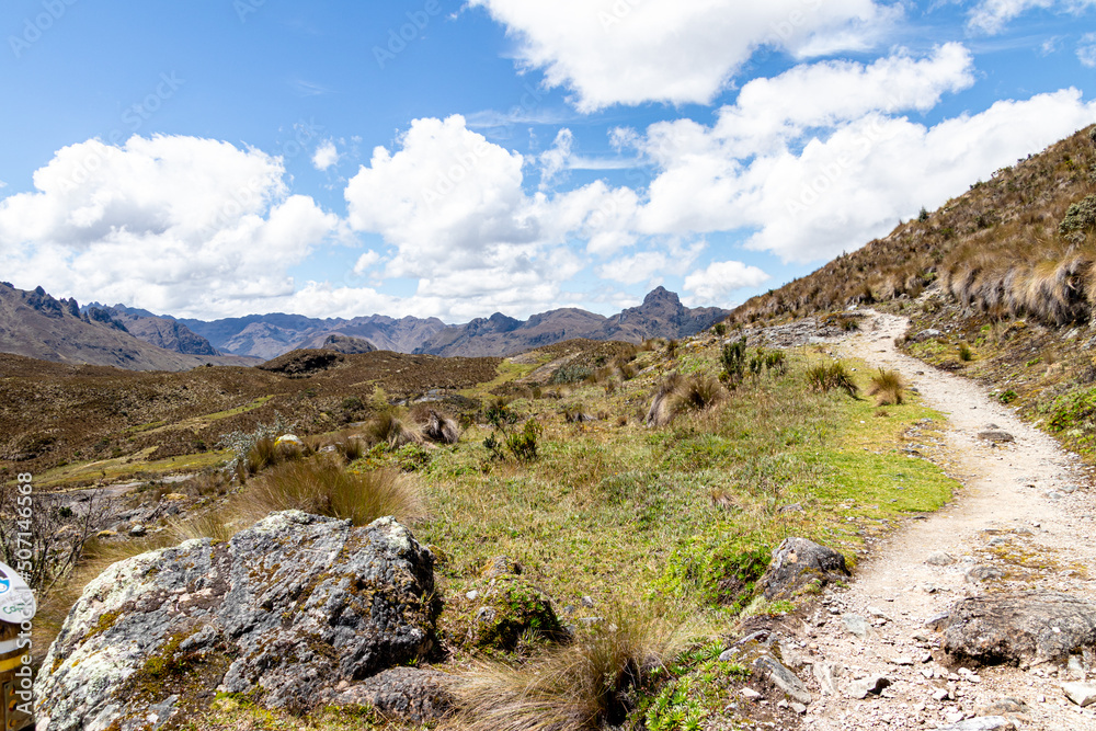 Hiking footpath in Cajas National Park, Toreadora recreation zone. South America, Ecuador, Azuay province close to Cuenca