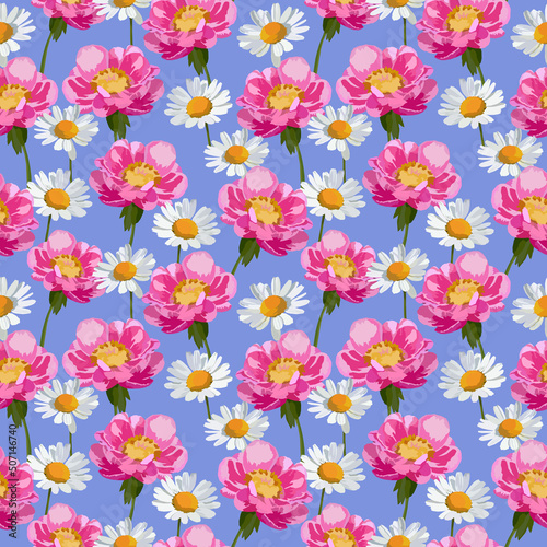 Camomile and pink peony flowers seamless pattern