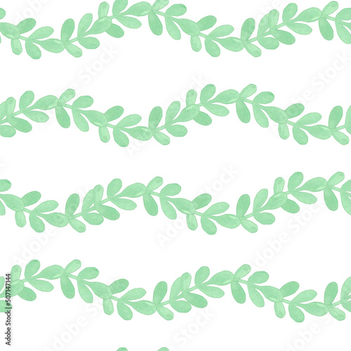 Watercolor pattern of green leaves. The waves. Horizontal Lines On a white background.