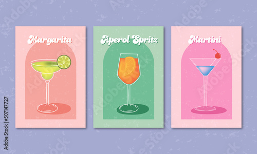 Collection of three cocktail glasses icon invitation illustration, flat minimalistic design.