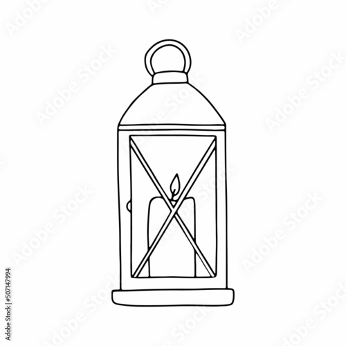 Lantern with a candle for the house. Home interior. Linear illustration. Outline. Vector