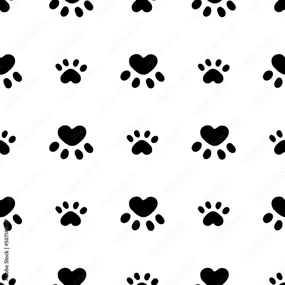 Black cat seamless pattern. Meow and cat paws background vector illustration. Cute cartoon pastel character for nursery girl baby print.