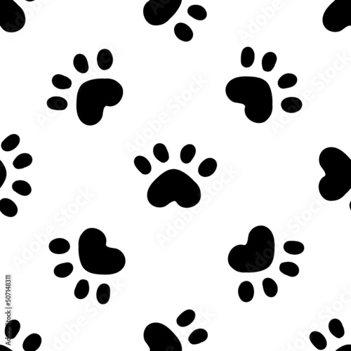 Black cat seamless pattern. Meow and cat paws background vector illustration. Cute cartoon pastel character for nursery girl baby print.
