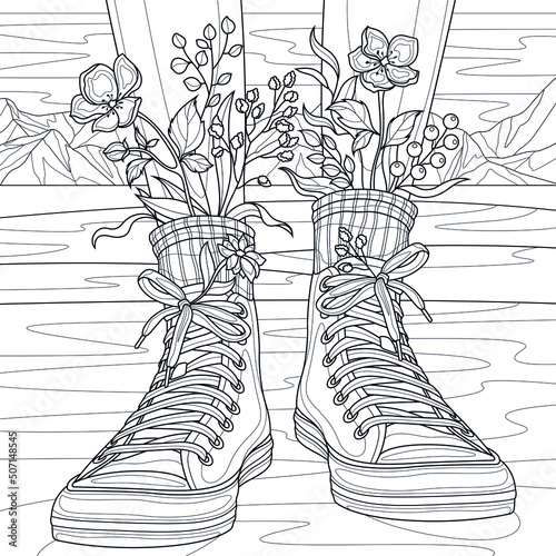 Women's legs in sneakers with flowers.Coloring book antistress for children and adults. Illustration isolated on white background.Zen-tangle style. Hand draw