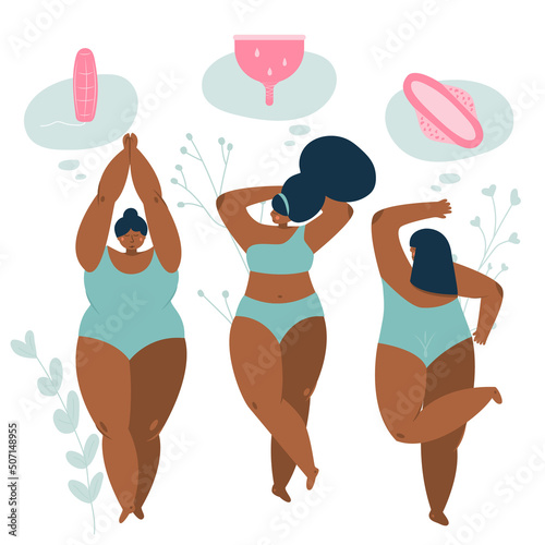 Body positive young girls choice hygienic device pads, menstrual cup and tampon. Vector illustrations menstrual period cycle, PMS and blood is NORMAL