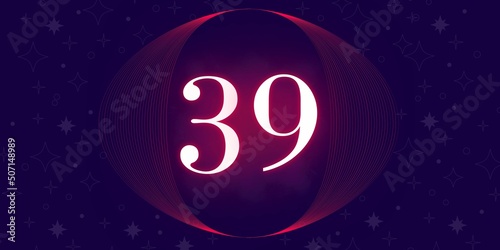 Number 39. Banner with the number thirty nine on a blue background and blue and purple details with a circle purple in the middle