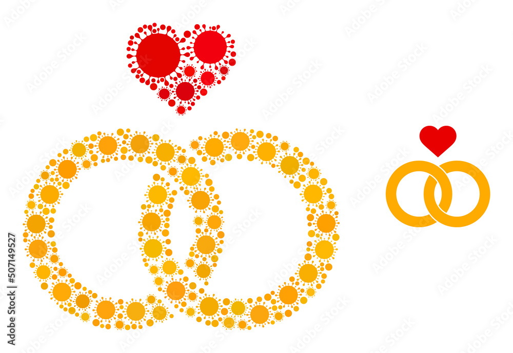 Fototapeta premium Wedding rings mosaic icon. Vector collage is done with randomized infection elements. Infection mosaic wedding rings icon. Wedding rings mosaic for breakout templates.