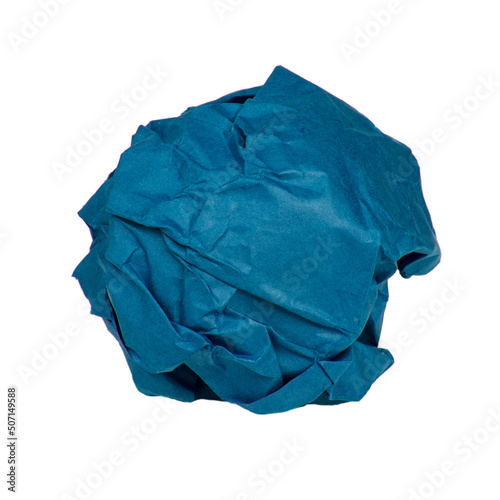 Crumpled blue paper ball isolated on the white background