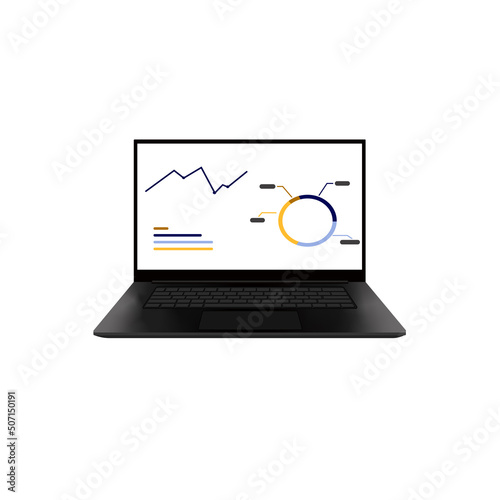 Laptop and office objects. Computer on a white background.  Presentation slide template. Office workplace. Vector illustration in flat style. Data analysis research statistics concept.