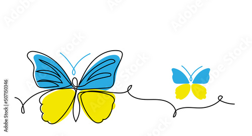 Butterfly vector line illustration. One line art drawing of butterfly with colors of ukrainian flag blue and yellow