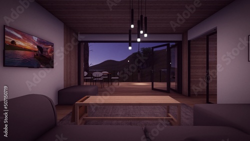 living room with coffee table with empty mockup photo frames in the night 3d illustration