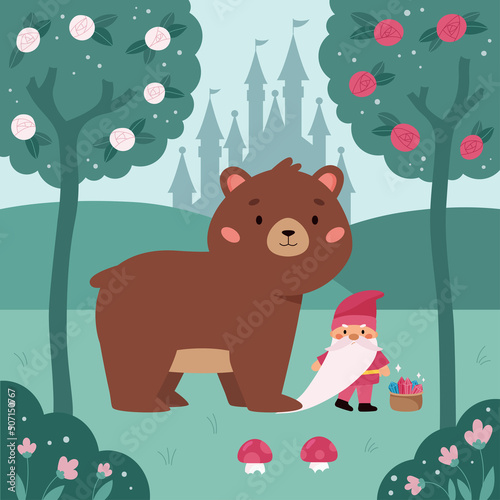 Vector illustration for children book. Brothers Grimm fairy tale Snow White and Rose Red. Cute bear with angry gnome. Garden background with castle silhouette. Kawaii cartoon characters.
