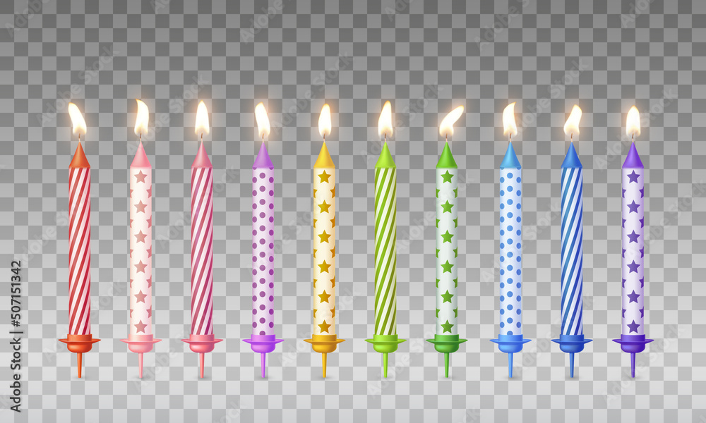 Candles with burning fire flame for birthday cake, pie isolated on  transparent background. Vector 3d realistic color candlelight decoration  elements set Stock Vector | Adobe Stock