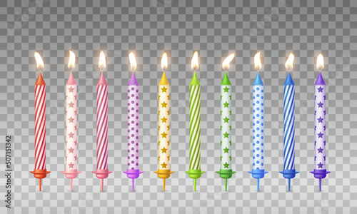 Candles with burning fire flame for birthday cake, pie isolated on transparent background. Vector 3d realistic color candlelight decoration elements set