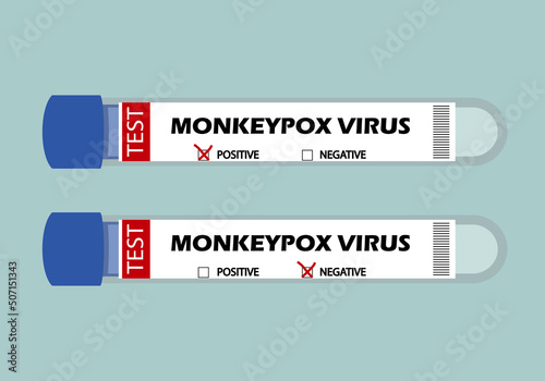 Viruela del mono. Test de la viruela del mono con código de barras y casillas de positivo y negativo con una cruz roja photo