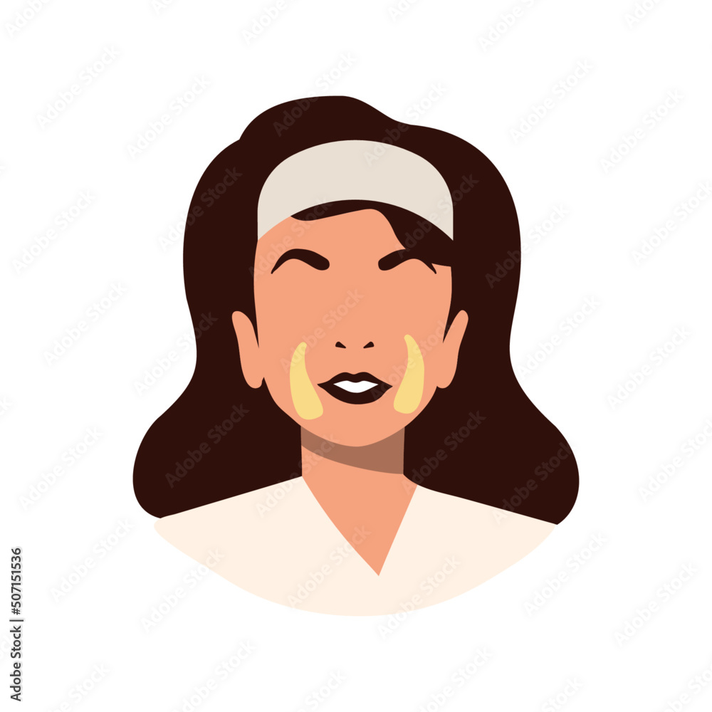 A girl with a bandage on her hair applies patches to her vesicles. Vector Stock illustration. Style without a face. Isolated