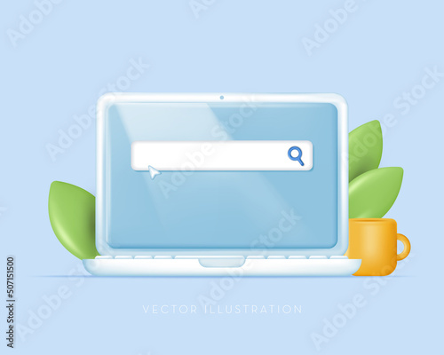 Search bar template on a laptop. Navigation Search for browser. Vector illustration in cartoon minimal 3D style