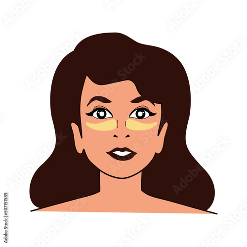 Happy girl makes self-care. Patches under the eyes from bruises. Character icon. Vector stock illustration. White background. Isolated