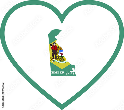 Map of US federal state of Delaware with state flag inside white heart shape with blue stroke