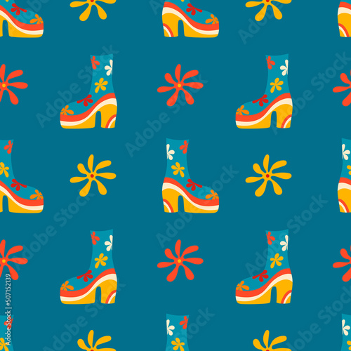 Vector seamless patterns, groovy hippie backgrounds, Retro 70s psychedelic. Bright funky print with flowers, mushrooms, nippy boots, a set of vector drawings in the hippie style. Pattern for postcards