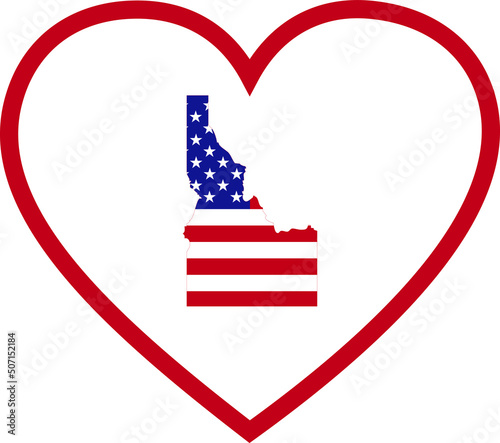 Map of US federal state of Idaho with the flag of the United States of America inside white heart shape with red stroke