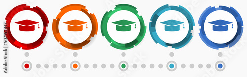 Graduation, education concept vector icon set,  modern design abstract web buttons in 5 color options, infographic template for webdesign and mobile apps