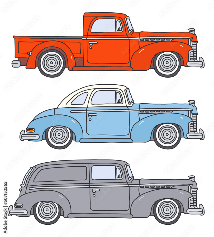 The vectorized hand drawing of three retro american cars