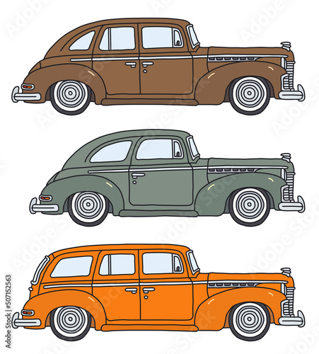 The vectorized hand drawing of three retro big personal cars