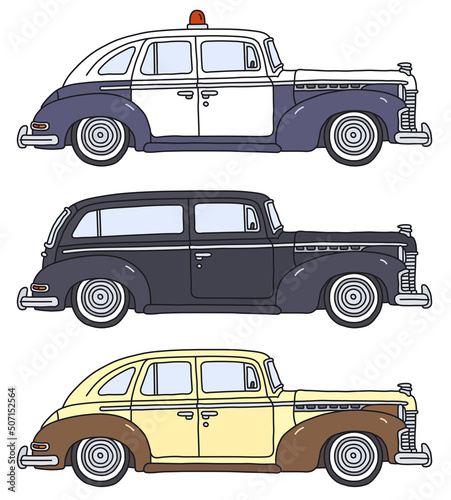 The vectorized hand drawing of three retro big american cars