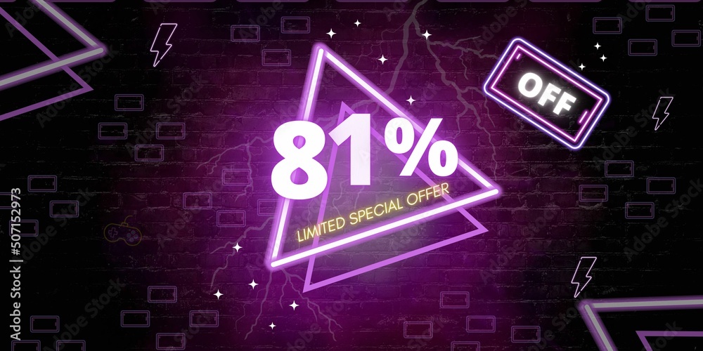 81% off limited special offer. Banner with eighty one percent discount on a black background with purple triangles neon
