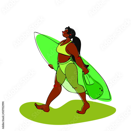 Surfing, sport, summer vacation concept.Young happy woman surfer in bikini on the beach with surfboards. Tropical Hawaiian lifestyle. Funny cartoon characters. Summer fun. Vector