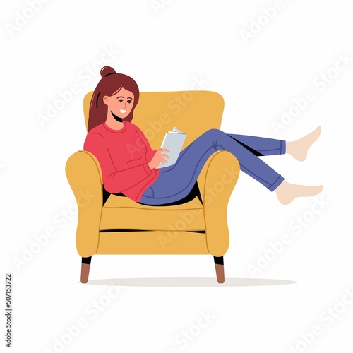 Young woman reads a book on armchair at cosy home. The girl sitting on the sofa, reading a book and resting. Female daily lifestyle vector illustration. Character in trendy style