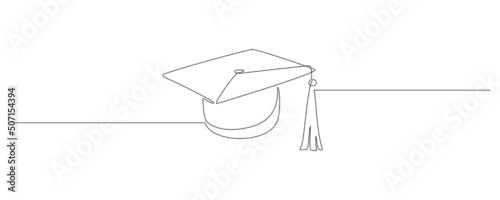 One continuous line drawing of graduation hat. Studying graduate thin symbol in simple linear style. Concept of student of university and school. Editable stroke. Doodle vector illustration
