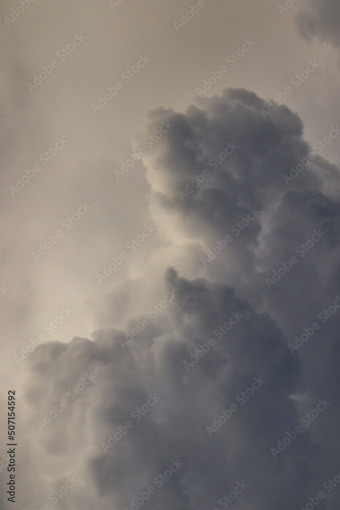 tower of gray-shaded cumulus clouds, towering over the horizon, under a pale sky.